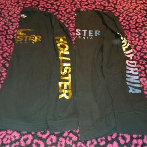 Hollister Black Long-Sleeve Tee with Metallic Gold and Iridescent Logo